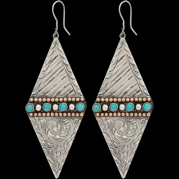 Show off your unique style with our unique Cherokee Rose Western Earrings, featuring dual hand engraving styles,  turquoise, silver and copper beads in a silver diamond base. Order now!